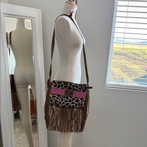 Leopard Print Fringe Crossbody Bag with Pink Accent